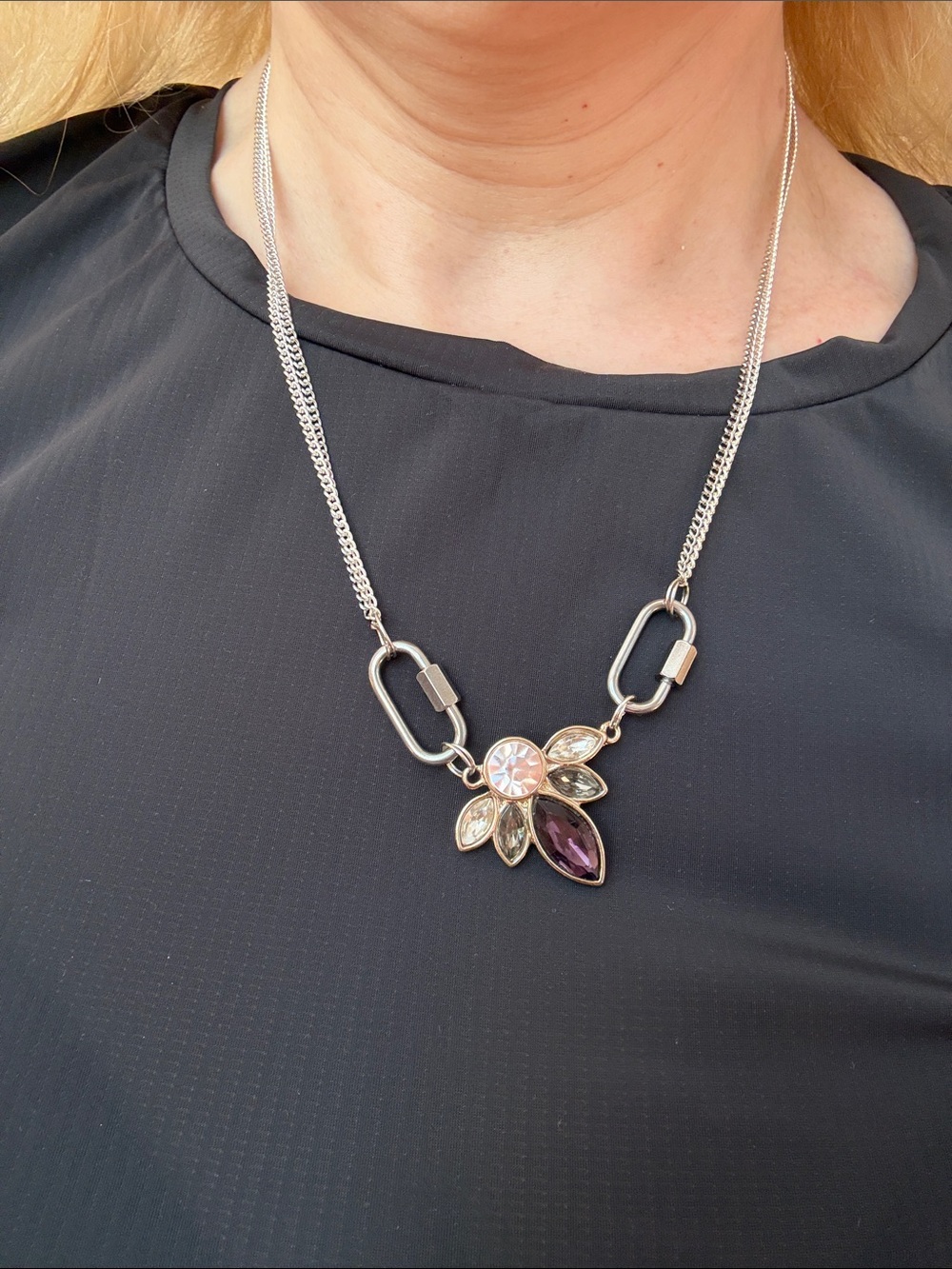 Hand-Crafted Silver Double Chain Carabiner Necklace With Purple Flower Pendant